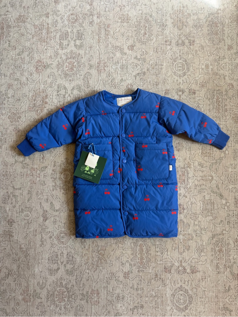NWT TINY COTTONS Blue Kids Puffer Coat with Red Cherry Print